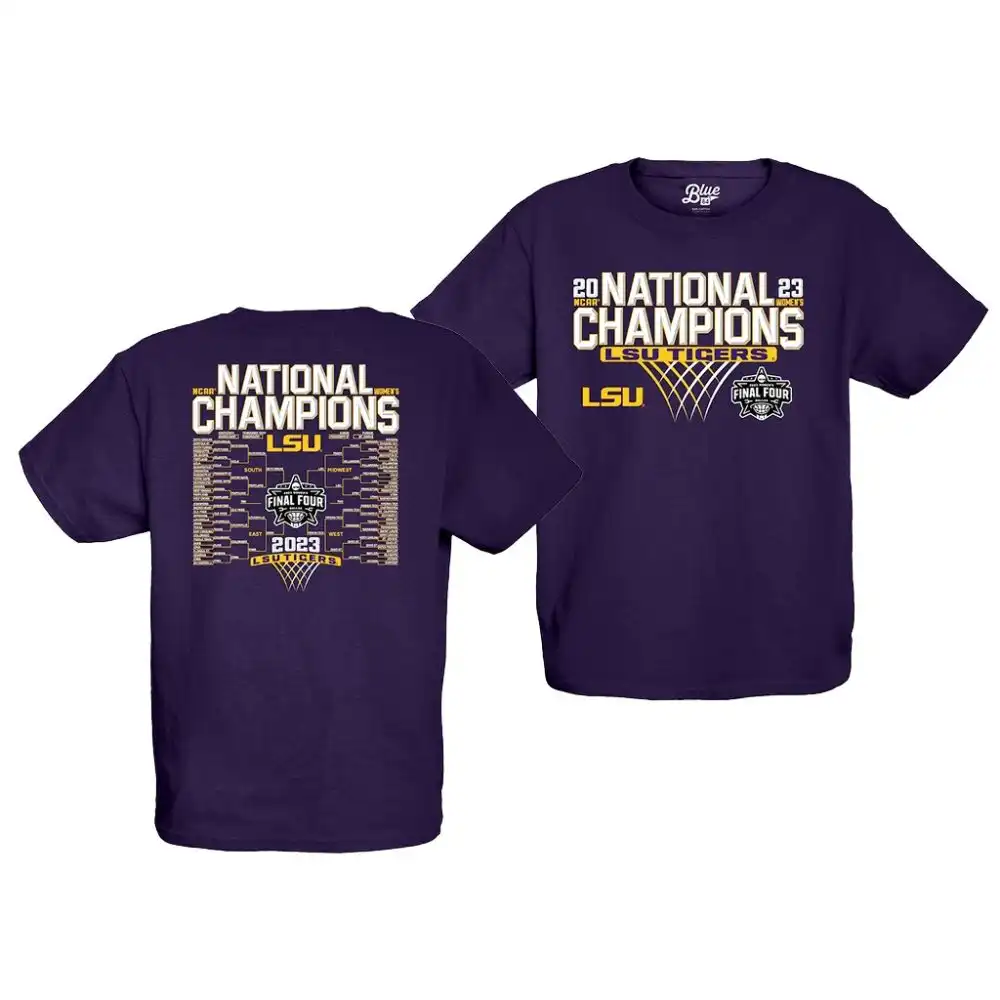 Youth LSU Tigers National Champions 2023 Focus Bracket Purple NCAA Basketball T-Shirt